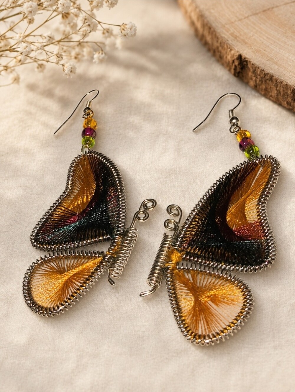 Vintage Handmade Butterfly Statement Earrings Multicolor Boho Dangle
